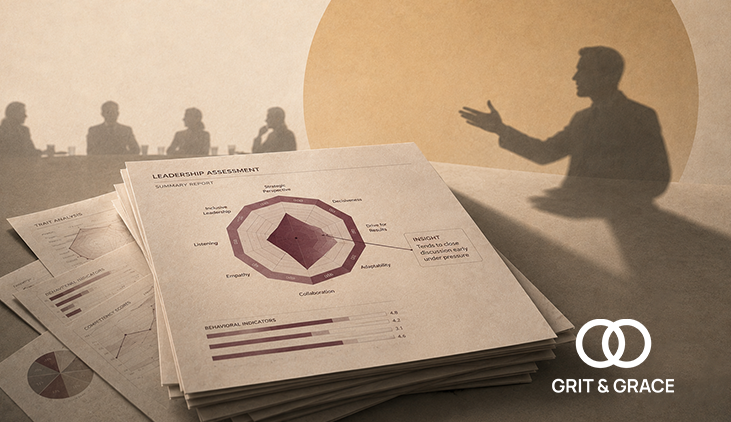 Illustrative executive coaching cover image showing a leadership assessment report and laptop on a desk, with shadow silhouettes of a leadership meeting in the background, symbolizing how assessment data becomes behavioral insight.