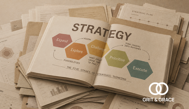 Open strategy book showing the five stages of strategic thinking in leadership teams: expand, explore, challenge, prioritise, and execute