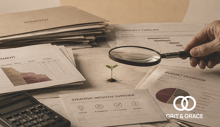 Small seedling under a magnifying glass among budget and project documents, illustrating how premature evaluation limits strategic thinking in leadership teams.
